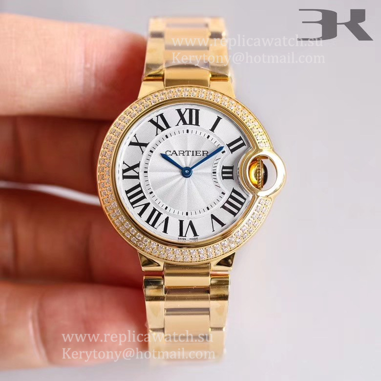 Best Price Ca*t1er Ballon Bleu 28mm / 33mm / 36mm 3KF Yellow Gold & D1am0nd Silver Dial Quartz / NH05A Size 28mm