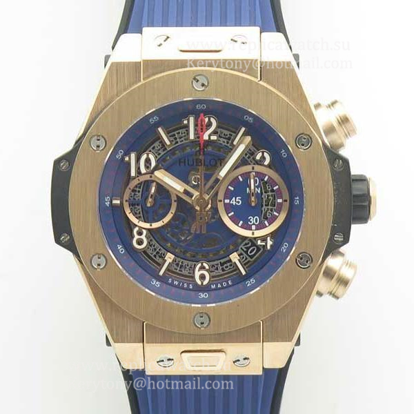 Copy Hublot Big Bang Unico Full Magic Gold 411.MX.1138.RX 3AF Rose Gold Blue Skeleton Dial HUB1242