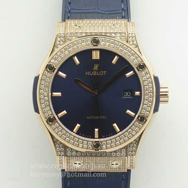 Perfect Replica Hublot Classic Fusion King Gold Pave 42mm 511.OX.1181.LR.1704 F16 Rose Gold & D1am0nds Blue Dial 2892