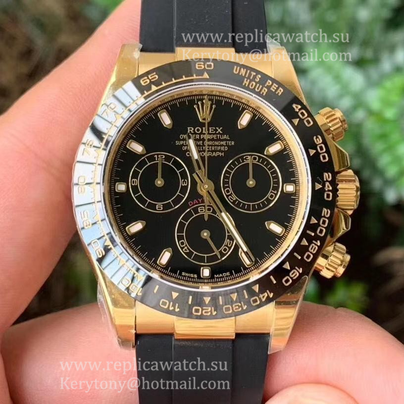 Fake R01ex Daytona  116518 Noob Factory V3 Yellow Gold Plated SS 904L Black Dial 4130 (Free Strap)