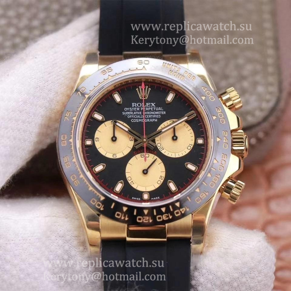 Replica R01ex Daytona 116518 Paul Newman Noob Factory V3 Yellow Gold Plated SS 904L Black Dial 4130 (Free Strap)