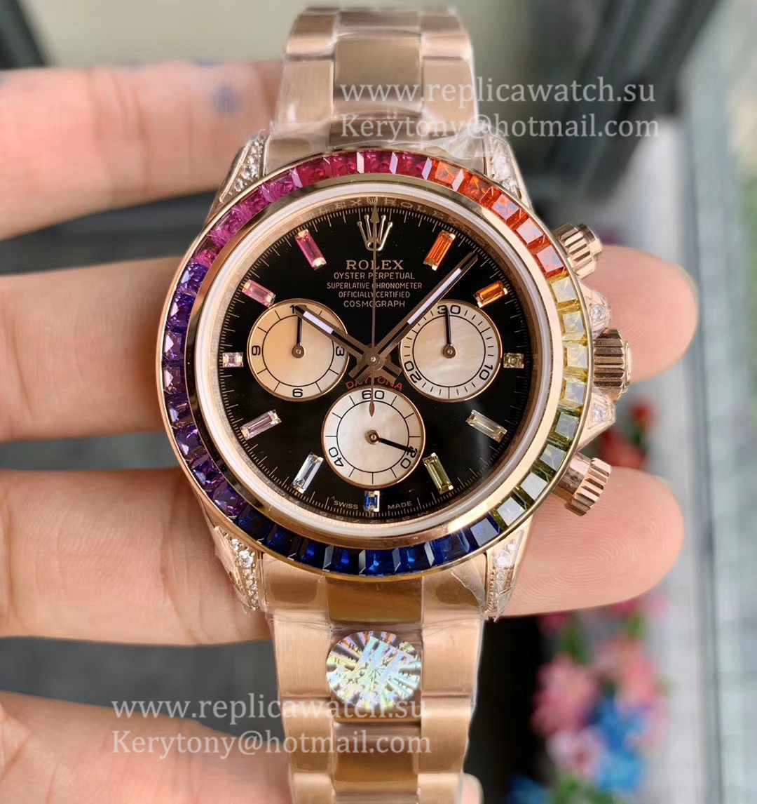 Perfect Replica R01ex Daytona  Rainbow 116595 RBOW WF Rose Gold Black Dial 7750