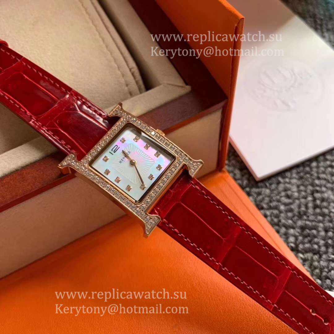 Replica H**me5 Heure H 26mm Ladies Z6F Rose Gold & D1am0nd MOP Dial Quartz (Box included)