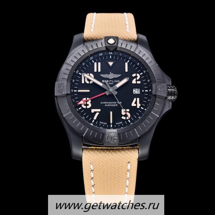 Best Price Breitling Avenger GMT 45mm GF PVD Black Dial Brown Leather Strap 2836