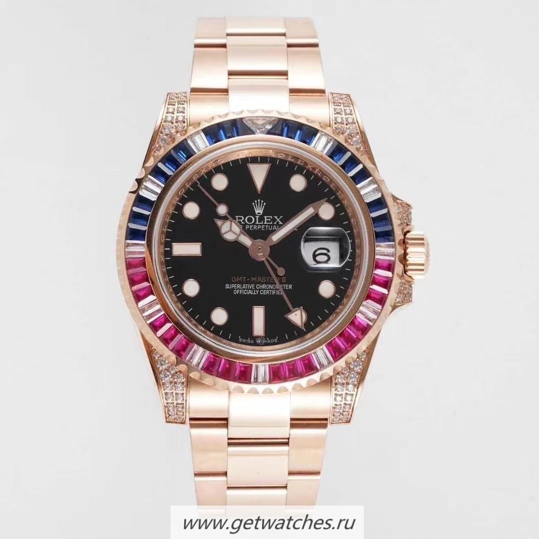 Copy R01ex GMT-Master II 126715 ROF 18K Rose Gold Wrapped & D1am0nd Black Dial 2836
