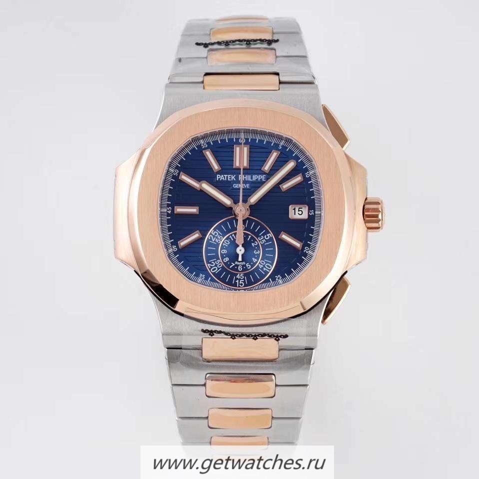 Perfect Replica Pat*k Phi1i*pe Nautilus Chrono 5980 3KF V2 Rose Gold & SS Blue Dial CH28-520C