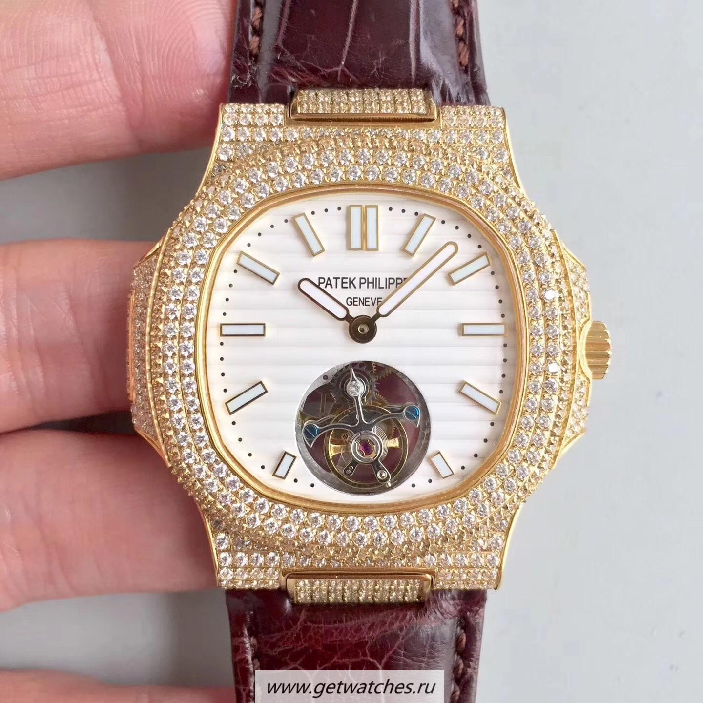 Copy Pat*k Phi1i*pe Nautilus Jumbo 5711 2018 Noob Factory Yellow Gold & D1am0nds White Dial Tourbillon