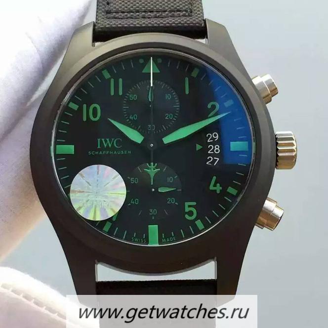 Replica IWC Pilot Chrono Top Gun IW388003 HBB V6F Ceramic Black Dial Green Markers 7750