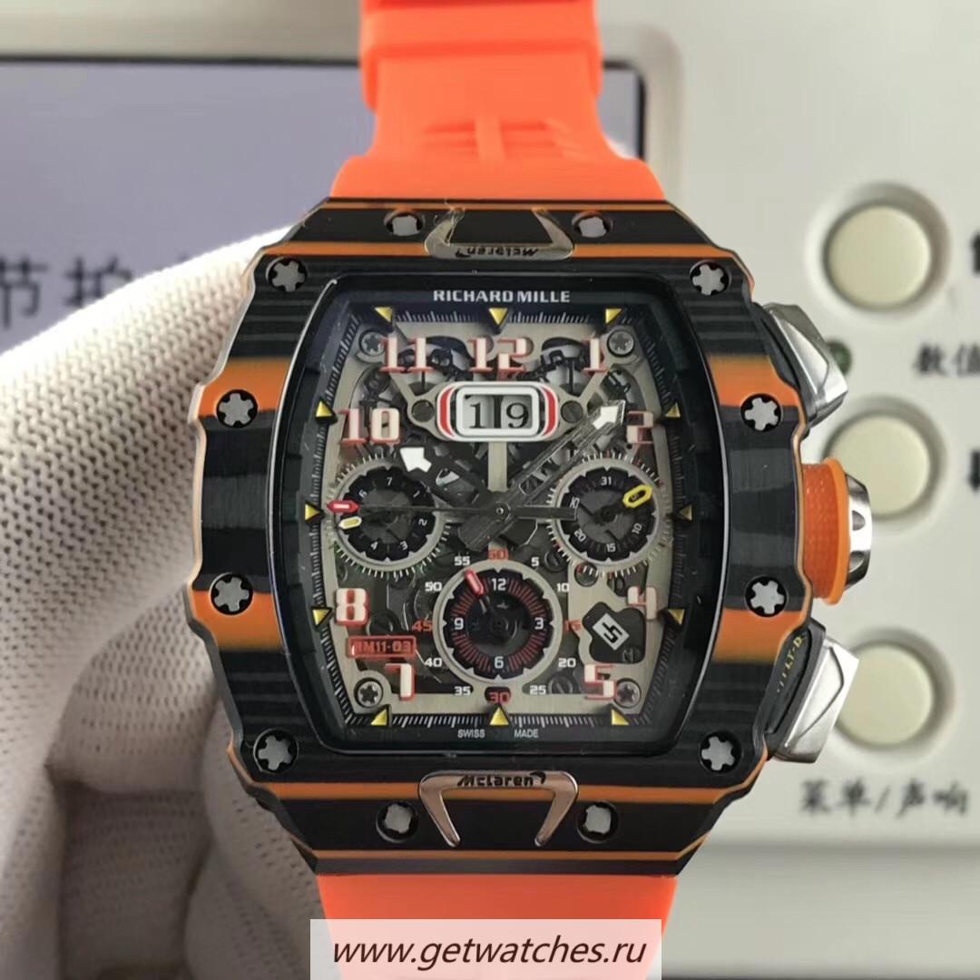NEW Replica Richard Mille RM011-03 McLaren Automatic Flyback Chrono KVF Black & Orange Forged Carbon Skeleton Dial 7750