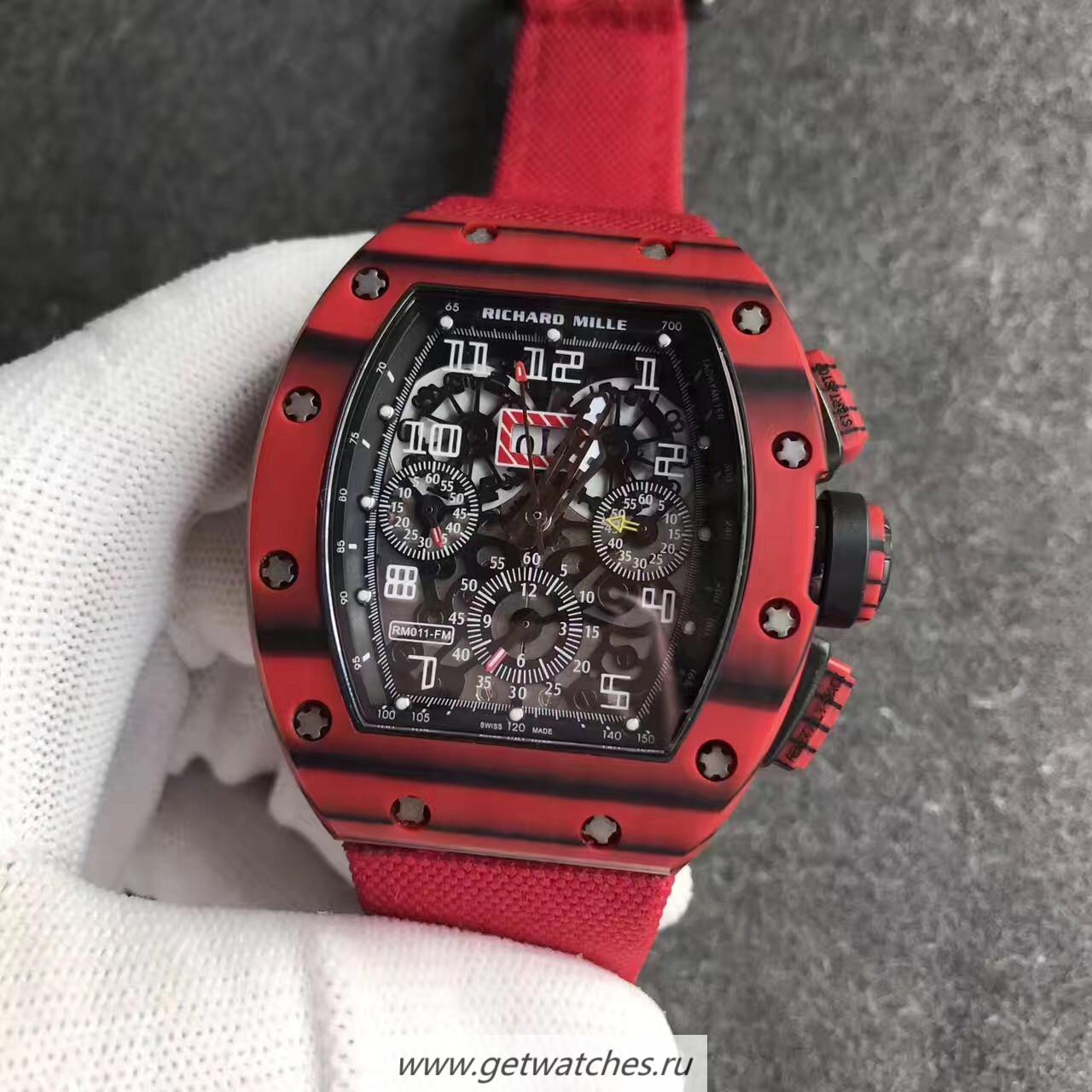 Fake Richard Mille RM011 Red QTPT Flyback Chrono KVF Red Forged Carbon Black Skeleton Dial 7750