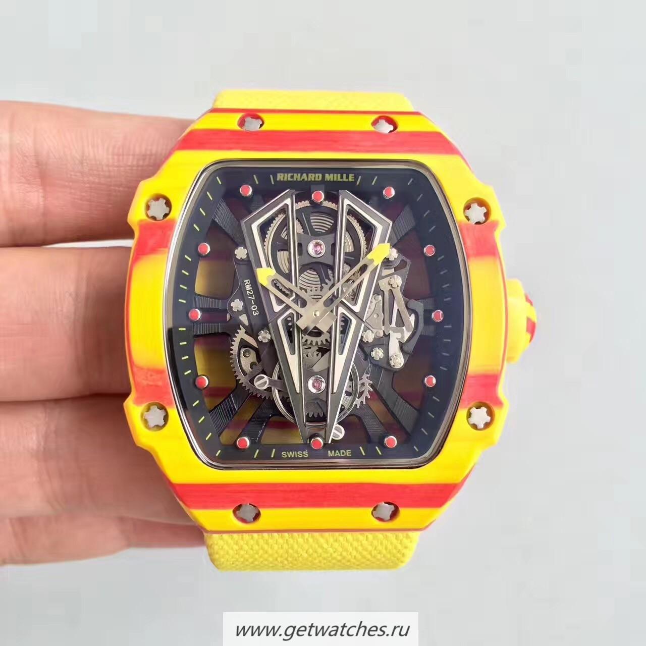 Best Price Richard Mille RM27-03 Rafael Nadal KLF Yellow & Red Forged Carbon Black Skeleton Dial M9015