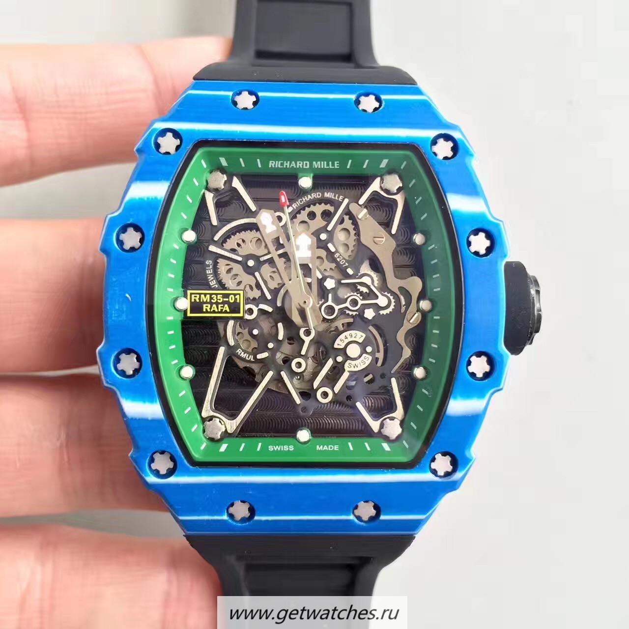 Replica Richard Mille RM35-01 Rafael Nadal KVF Blue Forged Carbon Green & Skeleton Dial M6T51