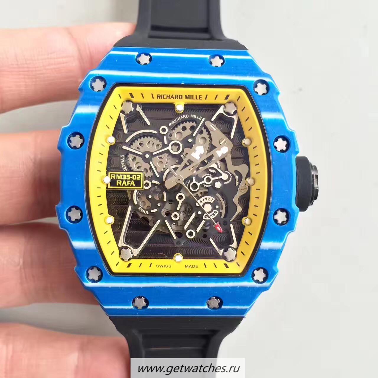 High Quality Richard Mille RM35-01 Rafael Nadal KVF Blue Forged Carbon Yellow & Skeleton Dial M6T51