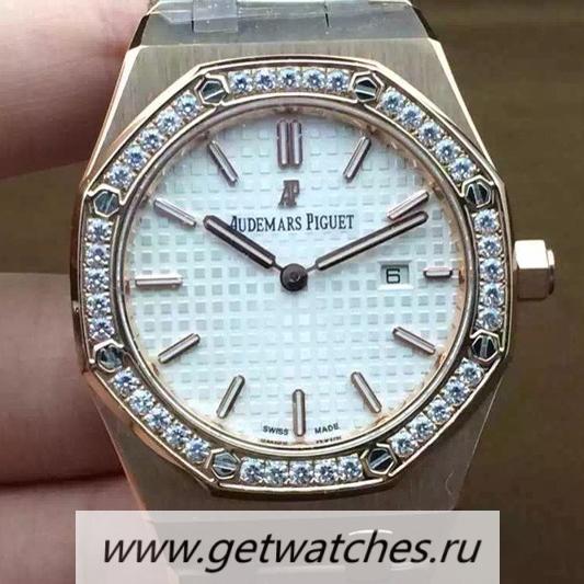 Fake Audemars P1g*et Royal Oak 67651 Ladies Rose Gold White D1am0nds Bezel Dial Quartz 2713