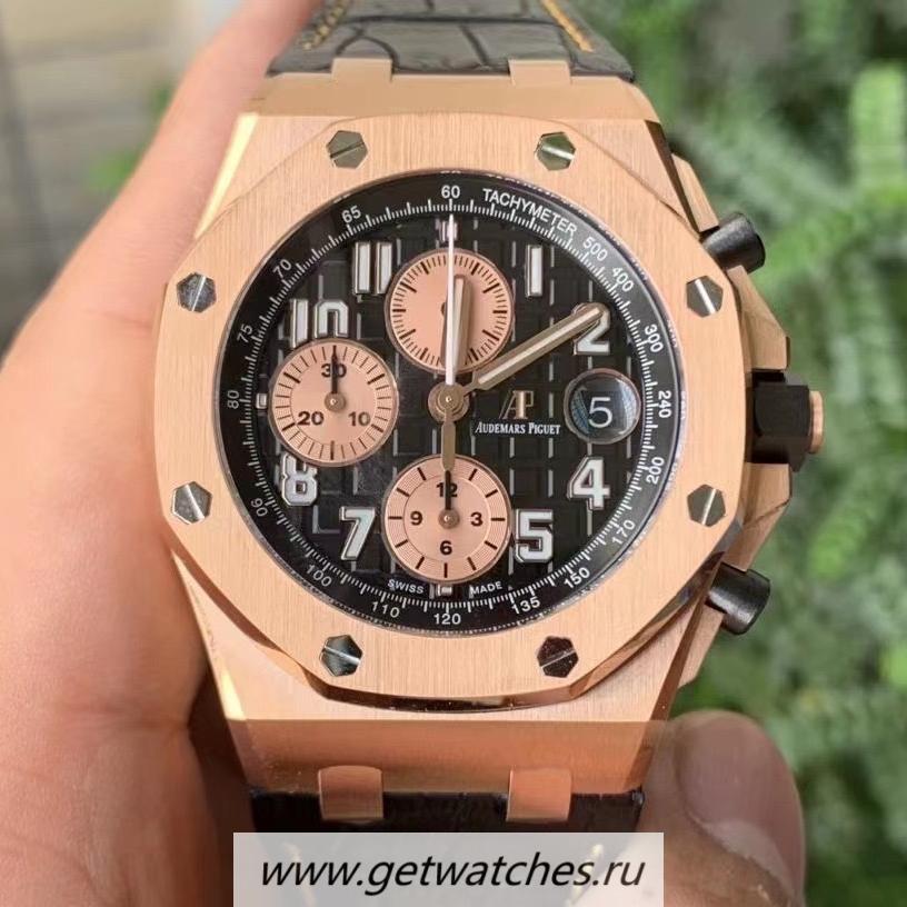 Fake Audemars P1g*et Royal Oak Offshore 2020 JF V2 Rose Gold Black Dial Leather Strap 3126