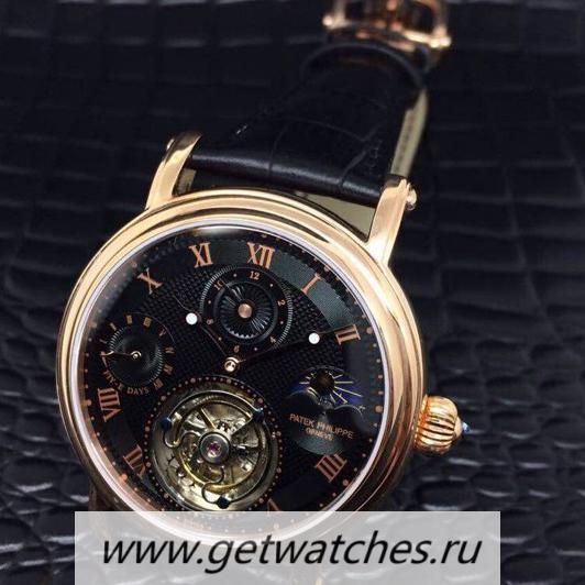 High Quality Pat*k Phi1i*pe Tourbillon Moonphase 24H Power Reserve Rose Gold Black Dial Tourbillon